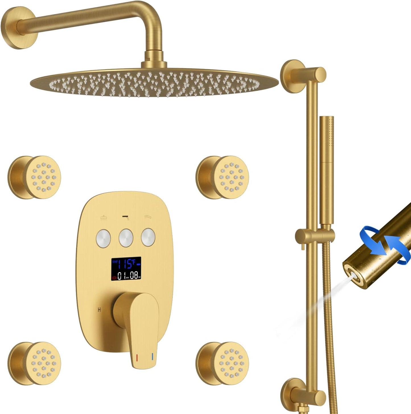 HONGTONGSOWER Brushed Gold Slide Bar Rainfall Shower System Wall Mount 12 Inch Round Digital Temperature Display Display Shower Faucets Sets With 4