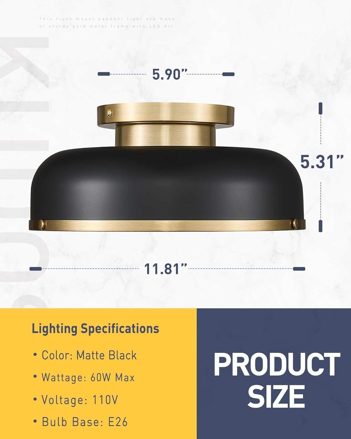 2 Pack Ceiling Light, 16 Inch Semi Flush Mount Ceiling Light, Black and Gold Ceiling Light Flush Mount, Light Fixtures Ceiling Mount for E26 Base Bedroom Hallway Dressing Room, KDCL15-BKE-2PK Black 12inch, E26 2