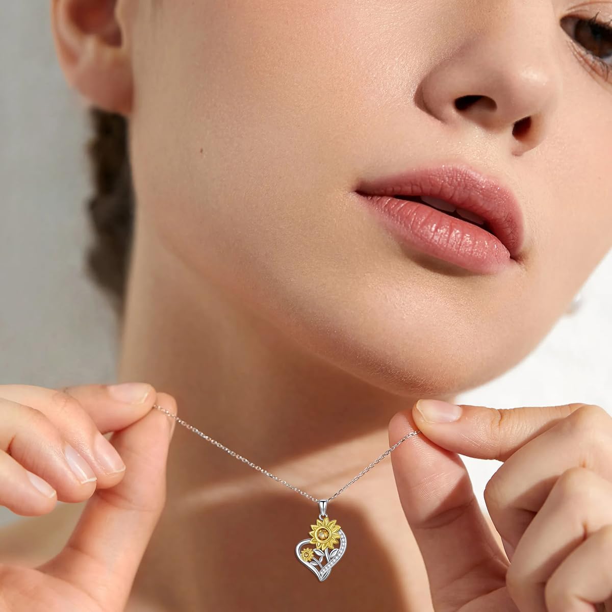 S925 Silver Sunflower Necklace for Women, 0.63ct.tw. Citrine with 0.16cttw. Lab Grown Diamonds Heart Necklace Sterling Silver for Girl Mom Ladies