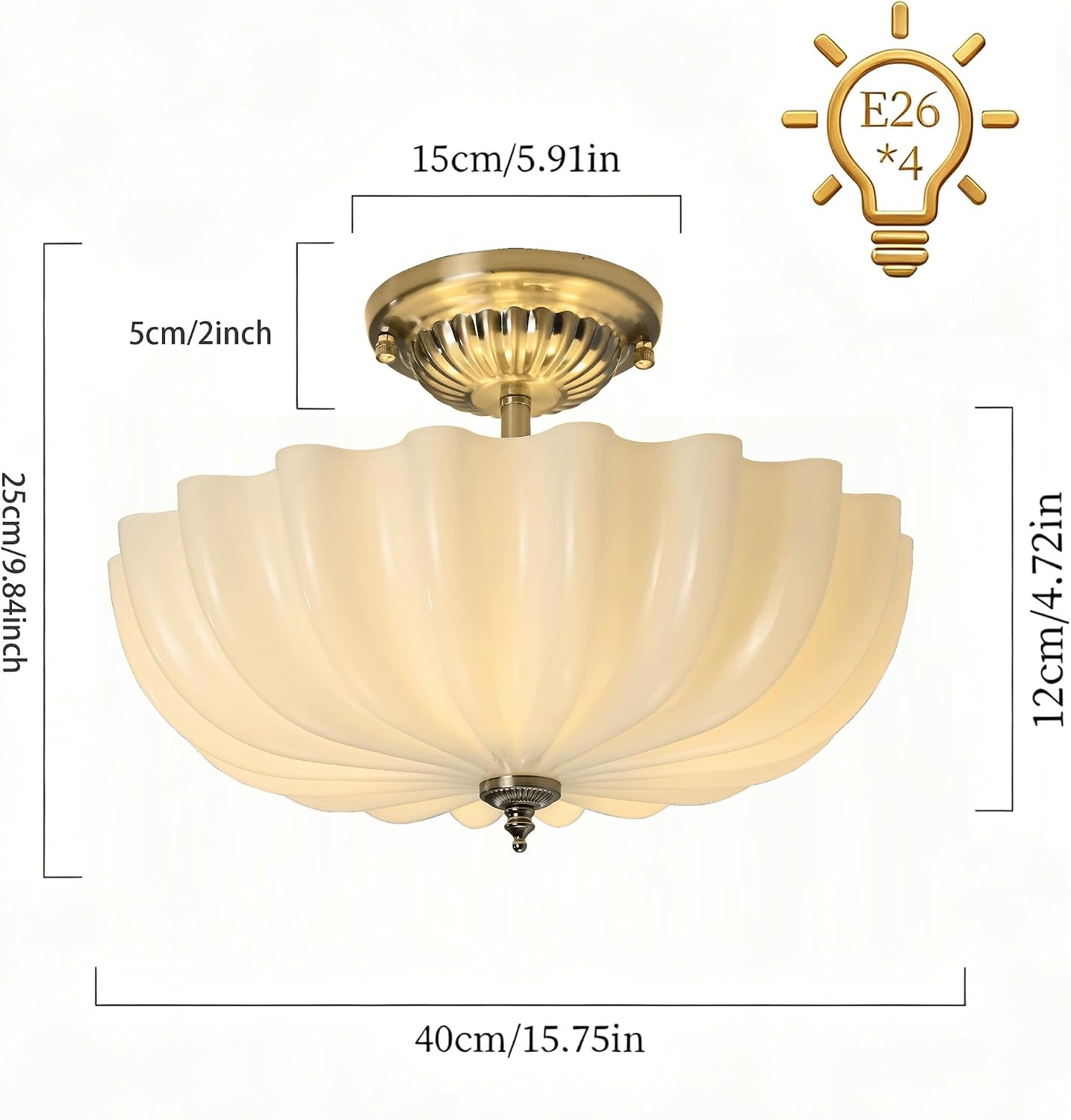 15.75-Inch Brushed Nickel Semi Flush Mount Ceiling Light Milk Glass Lampshade Fixture Mid Century Modern 4-Light (Dimmable 4 Bulb is Included) for Hallway Bedroom Foyer Entryway Kitchen Satin Nickel