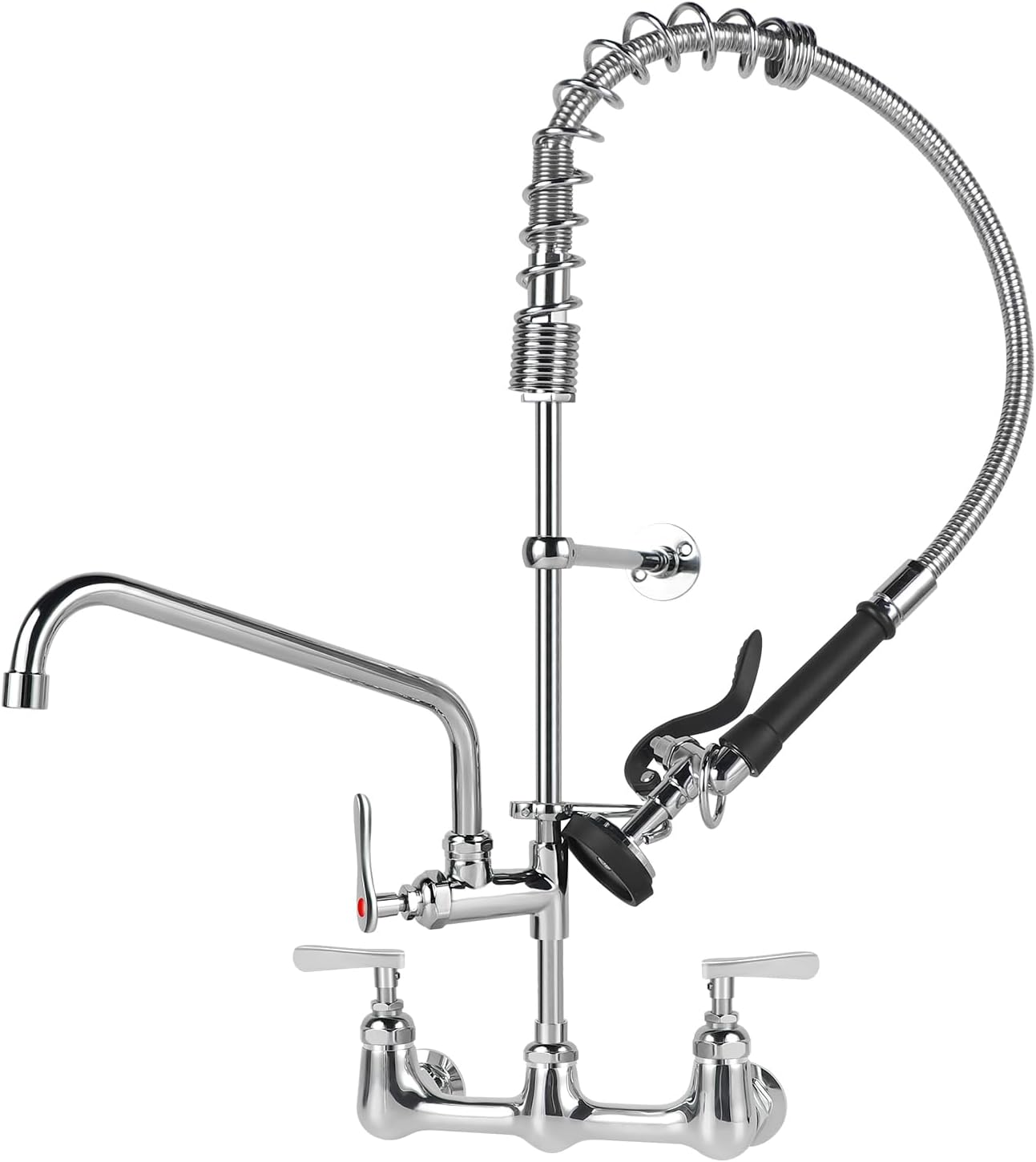 KWODE Commercial Kitchen Faucet with Pre Rinse Sprayer 8 Inch Center Wall Mount Sink Faucet 27' Height 12' Swivel Spout Pull Down Spray Faucet for