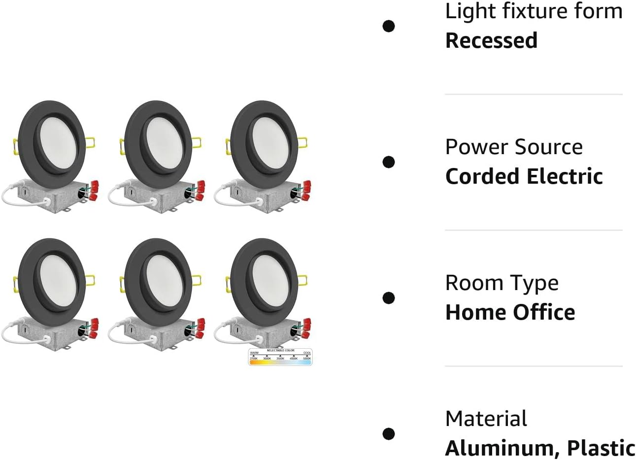 NUWATT | 6 Pack | 4 Inch Gimbal Ultra-Thin LED Recessed Light, 2700K/3000K/3500K/4000K/5000K Selectable, 630 Lumen Dimmable, Black Trim Adjustable