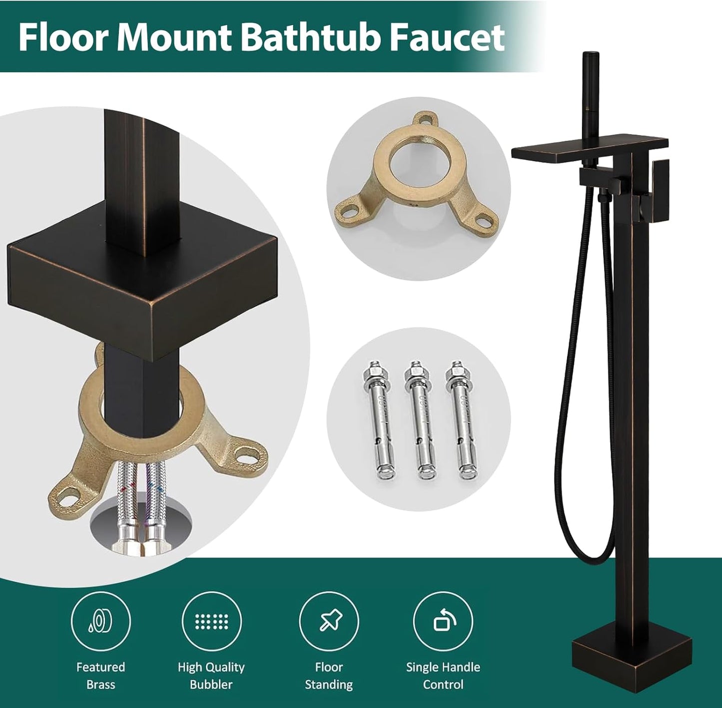 Hoimpro Freestanding Bathtub Faucet Waterfall Tub Filler Oil Rubbed Bronze Floor Mount Free Standing Brass Single Handle B