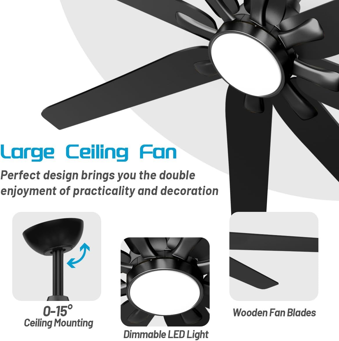 wurzee 72 inch Ceiling Fans, 3CCT LED Reversible DC Motor, Dimmable Timing 6 Speed, Modern Large Black Ceiling Fan with Light for Indoor Outdoor