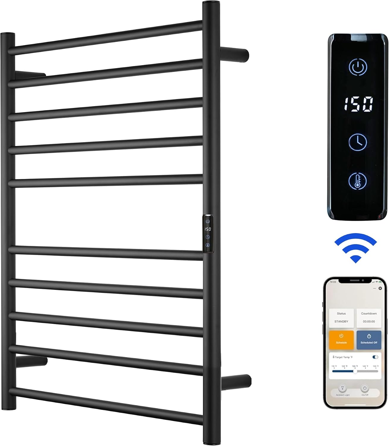 Electric Towel Rack with Voice Control for Alexa & Google Home,TUYA-Wall-Mounted Bathroom Heating Towel Warmer,Stainless Steel Material,31.5x20.08x4.41in,Plug-in,Black,10 Bars 10 Bar Black With Wifi