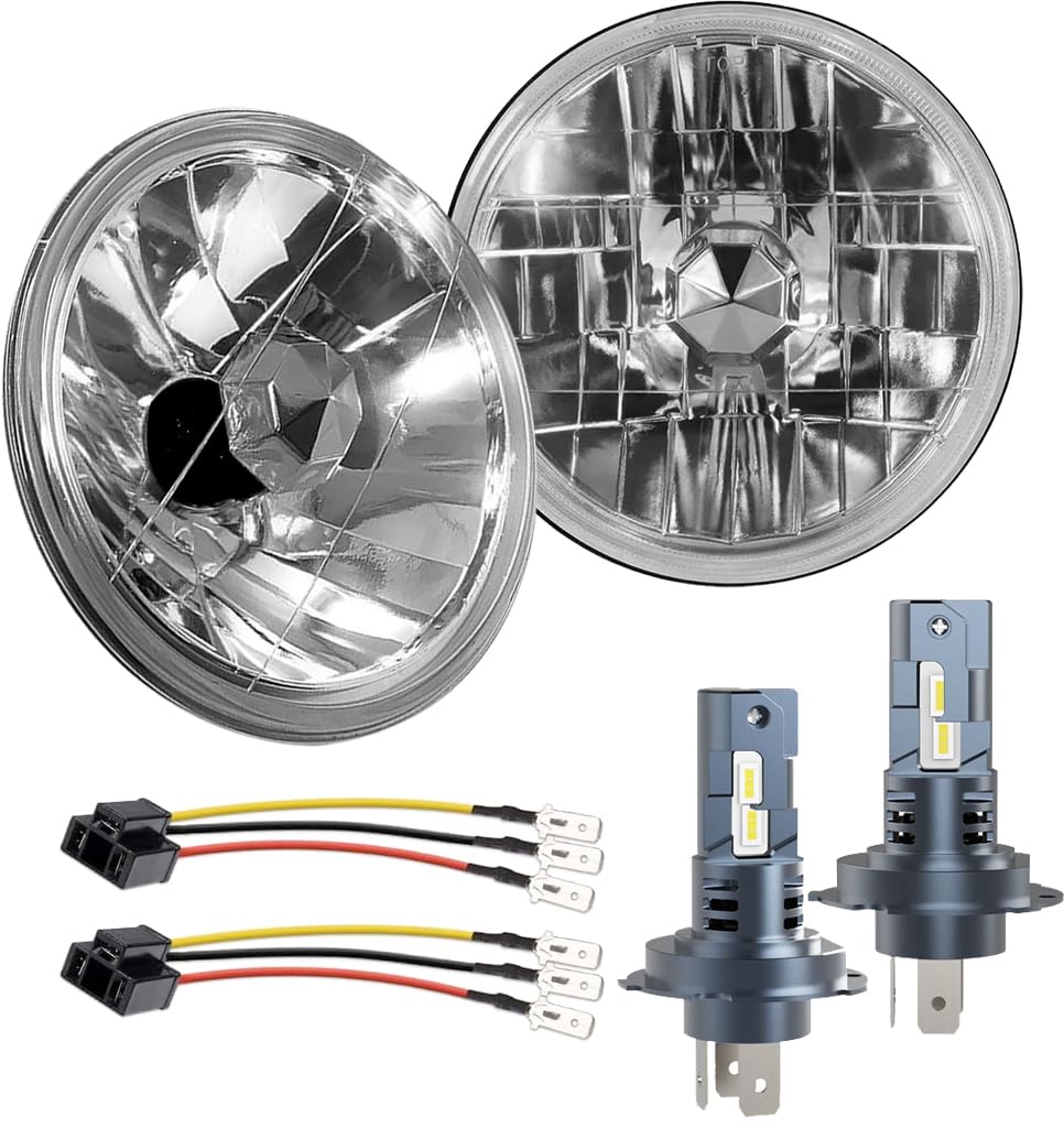 H6024 Glass Round Headlight Housings and H4 Light Bulbs | 6014, 6015, 6016, 7 Inch OEM Style Original Classic Look Conversion Assembly Pair Kit with 2 Adapter cables