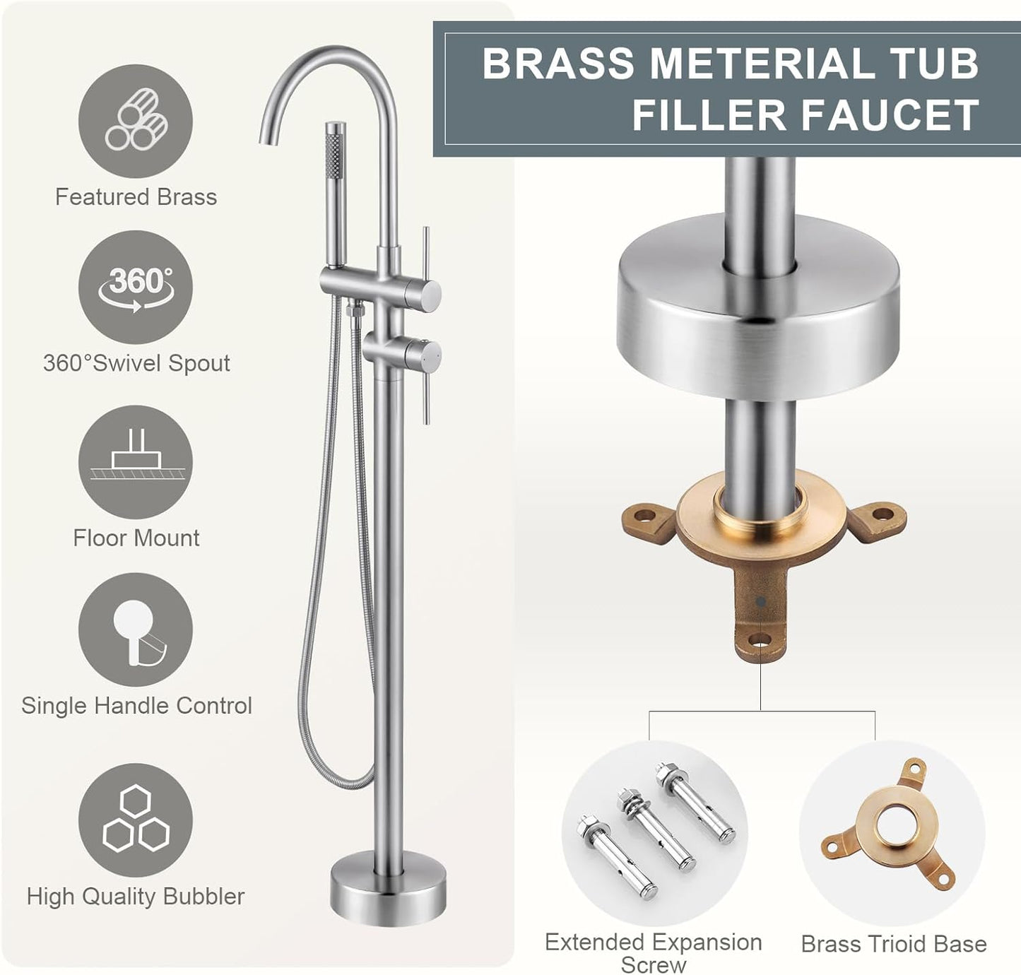 Freestanding Tub Filler Faucet, Floor Mount Brushed Nickel Bathtub Faucet with Single Handheld Shower for Bathroom, Brass Shower Tub Faucet Set