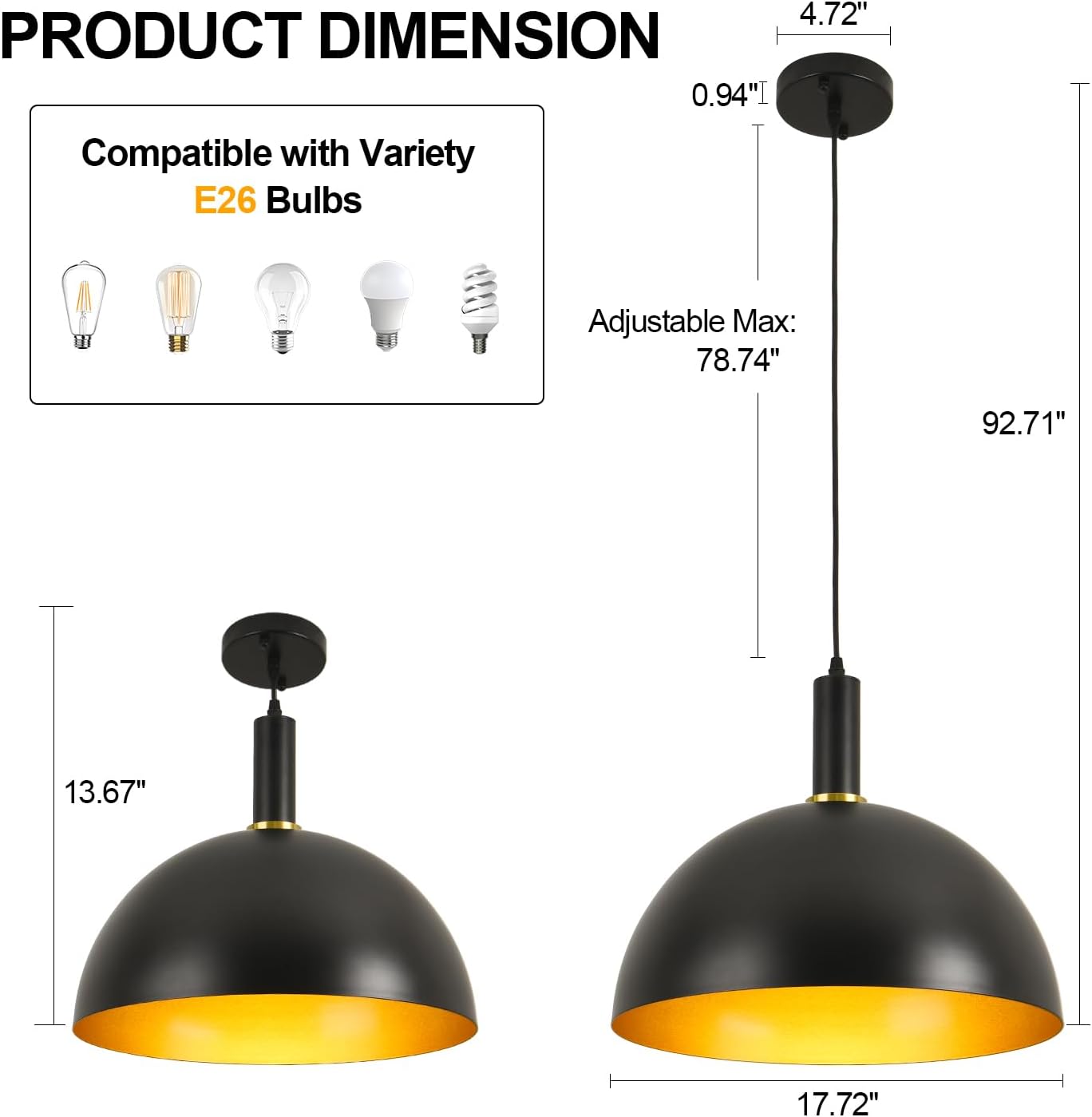 GRUSTRUST 17.72&#39;&#39; Large Black Pendant Light Kitchen Island Industrial Black and Gold Dome Pendant Light Modern Farmhouse Hanging Vintage