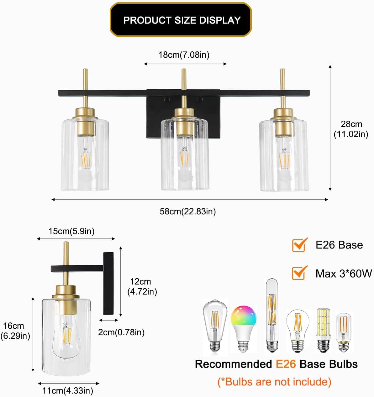 DSMJFU 3-Light Bathroom Light Fixture, Modern Bathroom Vanity Lights Over Mirror, Black and Gold Wall Sconce with Thicker Glass Shade for Mirror