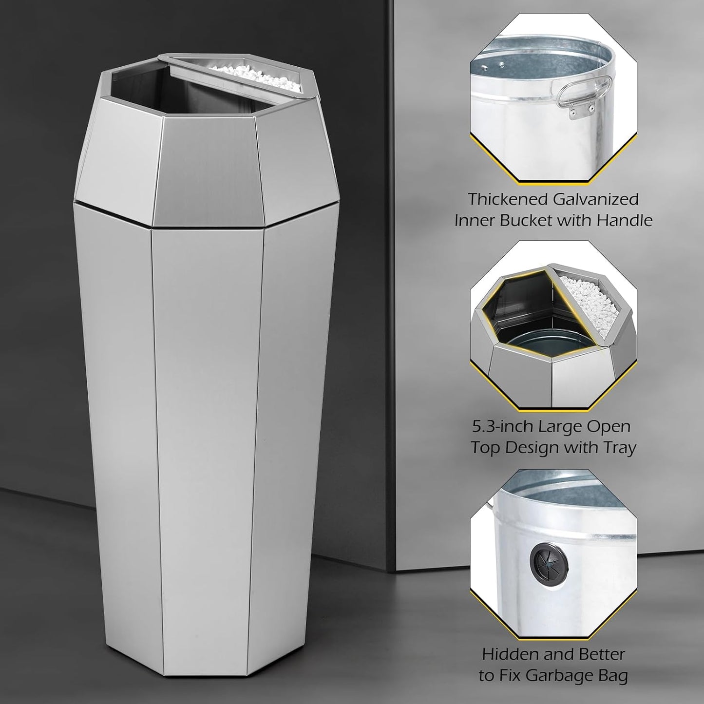 Dyna-Living Commercial Trash Can Large Garbage Can with Lid, Open-top Tall Stainless Steel Trash Bin Industrial Garbage Container for Patio Lobby, Silver