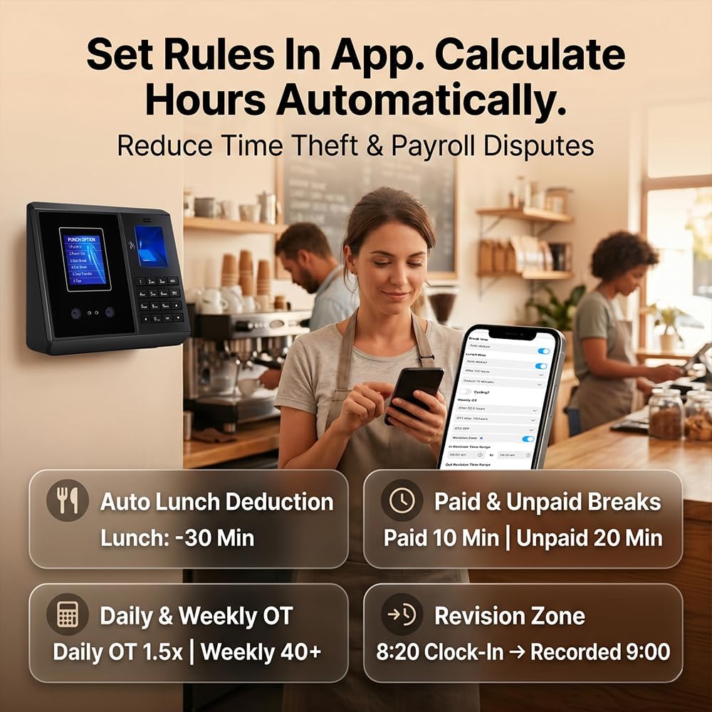 App Control, 5s Fast Connection, Fix Records, Custom Overtime, Lunch & Break Rules, 4 Payroll Reports, No Monthly Fee, 10 IC Cards Included, Fingerprint & Face Time Clock for Small Business
