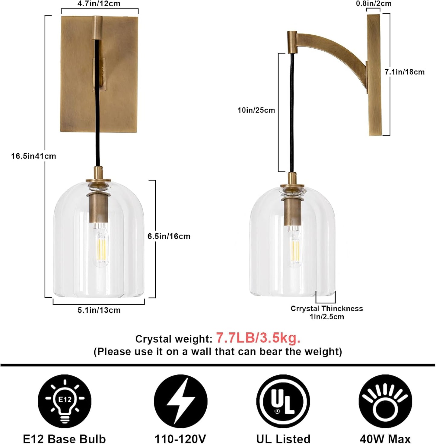 Modern Crystal Wall Sconce, Brass Hemisphere Wall Sconce, Gold Wall Lamps Indoor lighting for Bedroom Bathroom Vanity Light Fixtures includes Bulbs