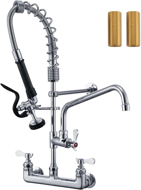 APLWY Commercial Sink Faucet with Sprayer 25' Height 8' Adjustable Center 12' Swing Spout, Brass Constructed Wall Mount Kitchen Sink Faucet with Pull