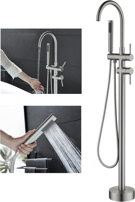 Freestanding Brush Nickel Brass Bathtub Filler with Handheld Shower