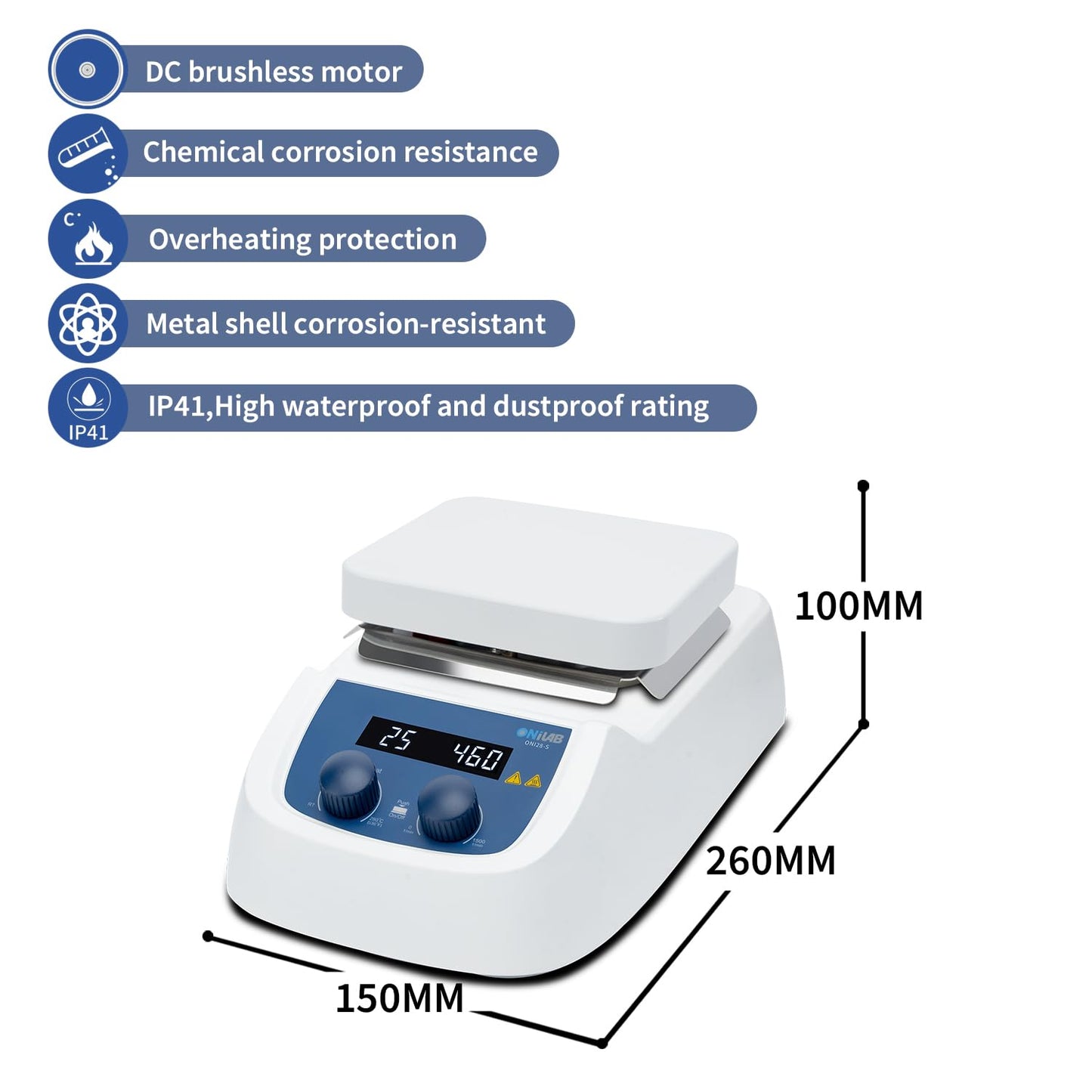 ONiLAB 280 5-inch LED Digital Square Hotplate Magnetic Stirrer with Ceramic Coated Stainless Steel Work Plate, 200-1500rpm,110V,Temp Probe Sensor