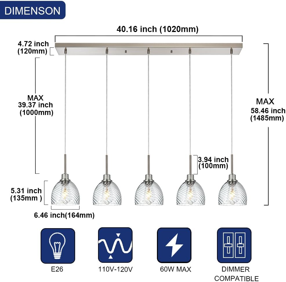 TODOLUZ 5-Lights Pendant Light Fixtures in Brushed Nickel, Modern Linear Chandelier with Clear Striped Glass Shades, Kitchen Island Lighting for