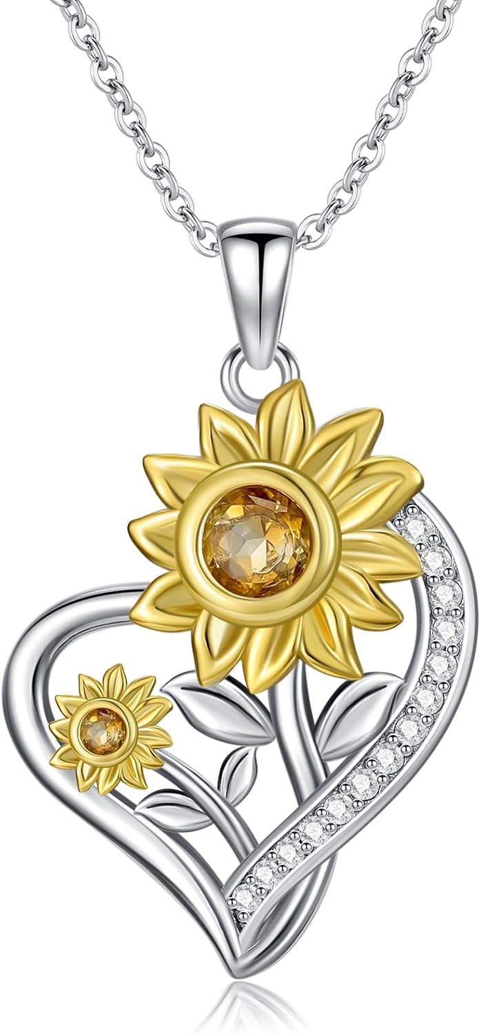 S925 Silver Sunflower Necklace for Women, 0.63ct.tw. Citrine with 0.16cttw. Lab Grown Diamonds Heart Necklace Sterling Silver for Girl Mom Ladies