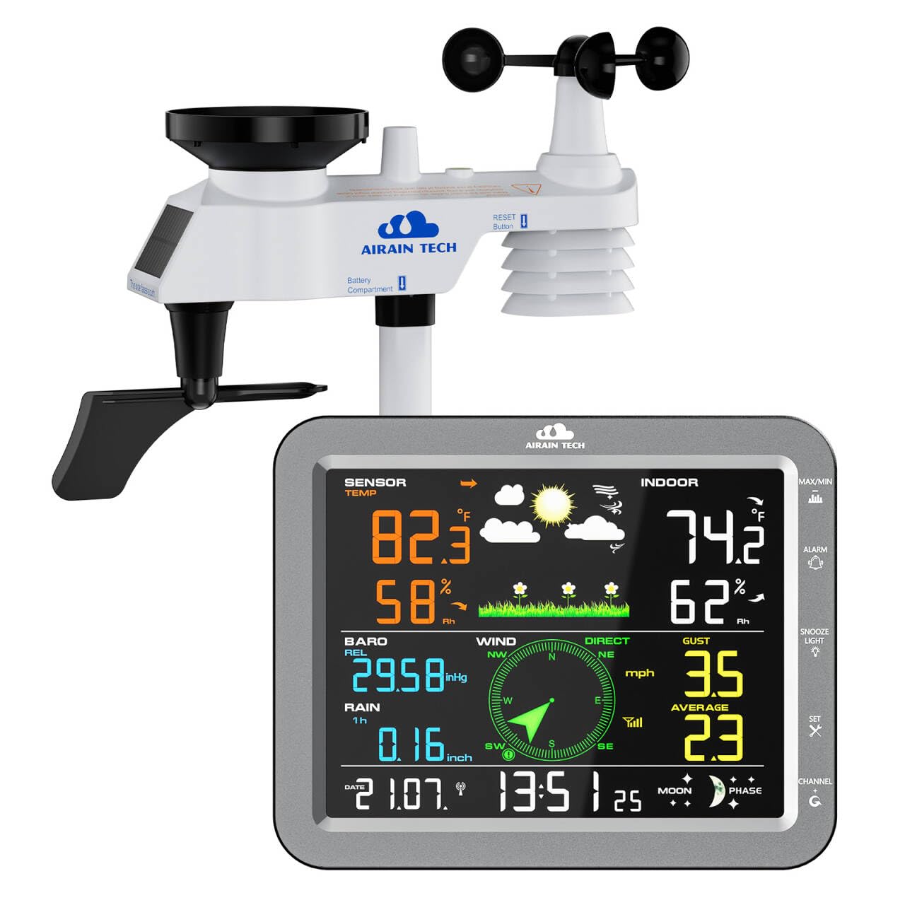 10-in-1 Wireless Weather Station, with Outdoor Wireless Sensor, rain Gauge, Wind Speed/Wind Direction, Moon Phase, Barometer, Temperature/Humidity, Weather Forecast (No WiFi)
