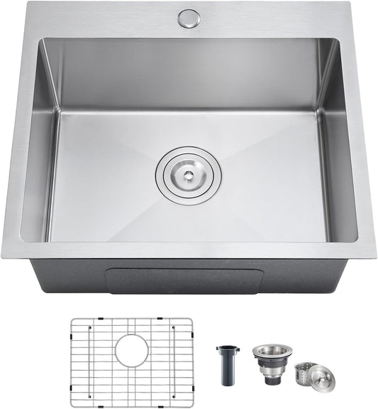 KINKIB 20 inch Drop-in Kitchen Sink Single Bowl, Small Topmount Kitchen Sink with Protective Bottom Grid, Overmount 304 Stainless Steel Kitchen Bar