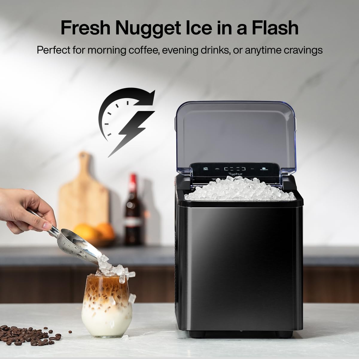 Fast Nugget Ice Maker Countertop with Self-Cleaning Pump, 35lbs/24H Crushed Pebble Ice Machine, 8 Packs Cleaner, Dual Ice Scoops for Home, Kitchen, Party, RV, Onyx Black Stainless Steel