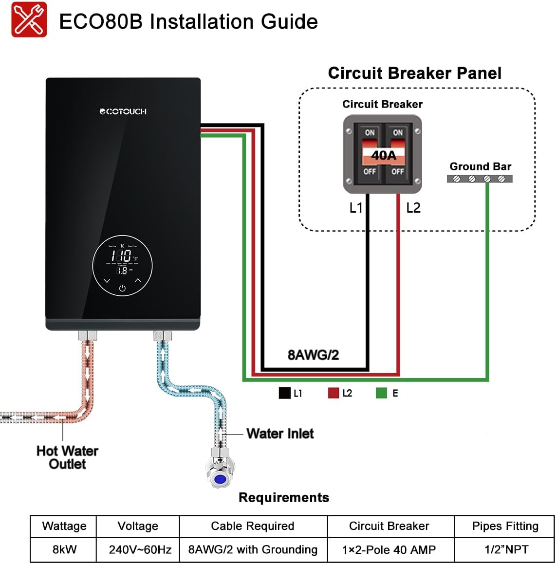 Tankless Electric Hot Water heater, 240V 8KW Under Sink On Demand