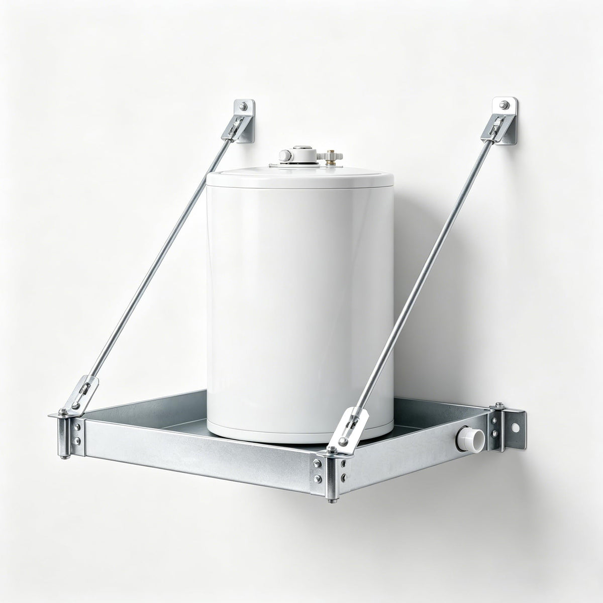Wall Mounted Water Heater Platform, Water Heater Shelf for 20 Gallon Tanks, Heavy-Duty Steel Bracket, Max Load Capacity 375 LBS, Equipped with PVC Drain Fitting, Mounts to Concrete or Wood/Metal Studs