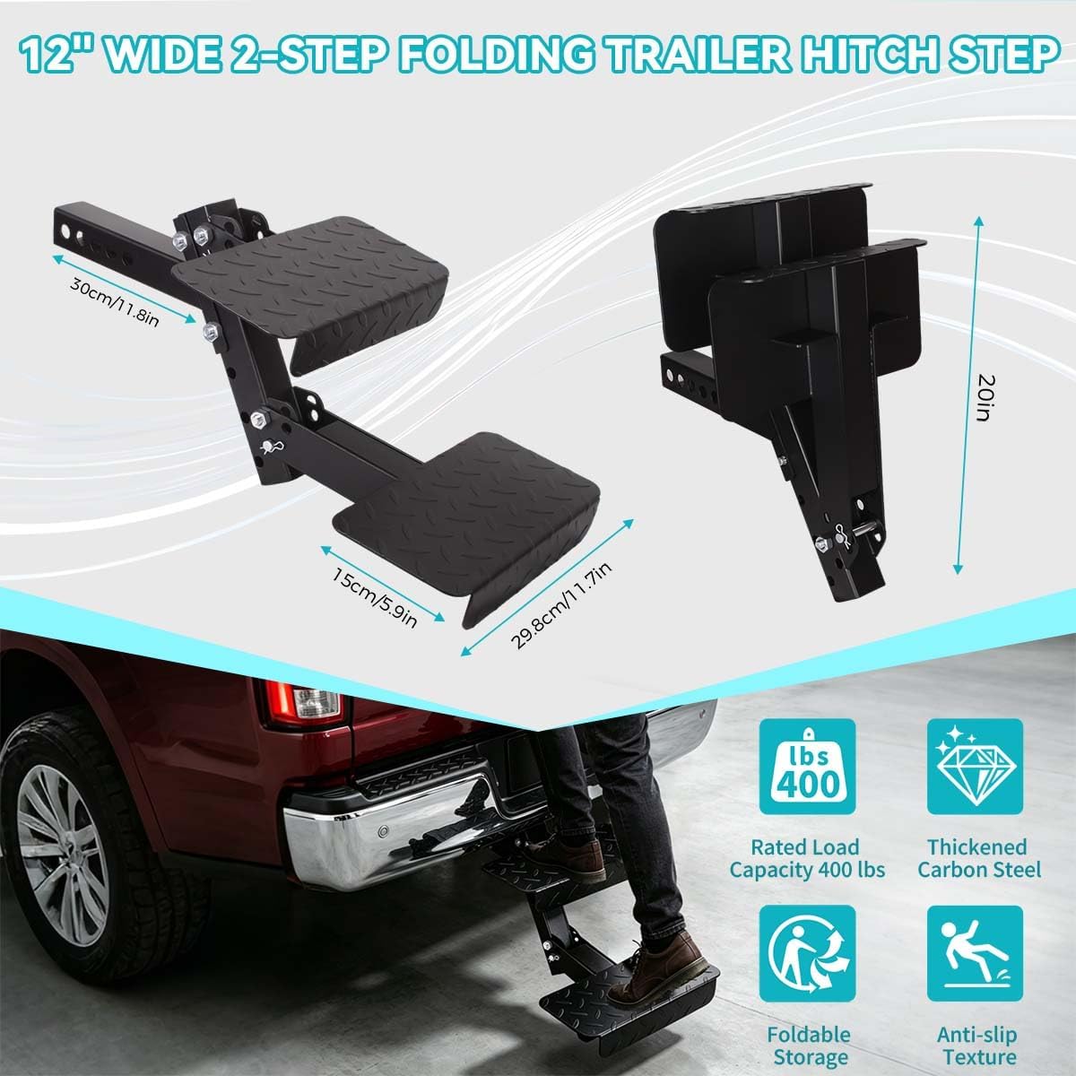 12" Wide 2-Step Folding Trailer Pet Hitch Step for 2" Receiver -Heavy Duty 2 Step Dog Stairs, 4-Position Adjustable Height, Towing Hitch Stair Fit for Truck Camper, RV, Pickup Truck, Trailer, SUV
