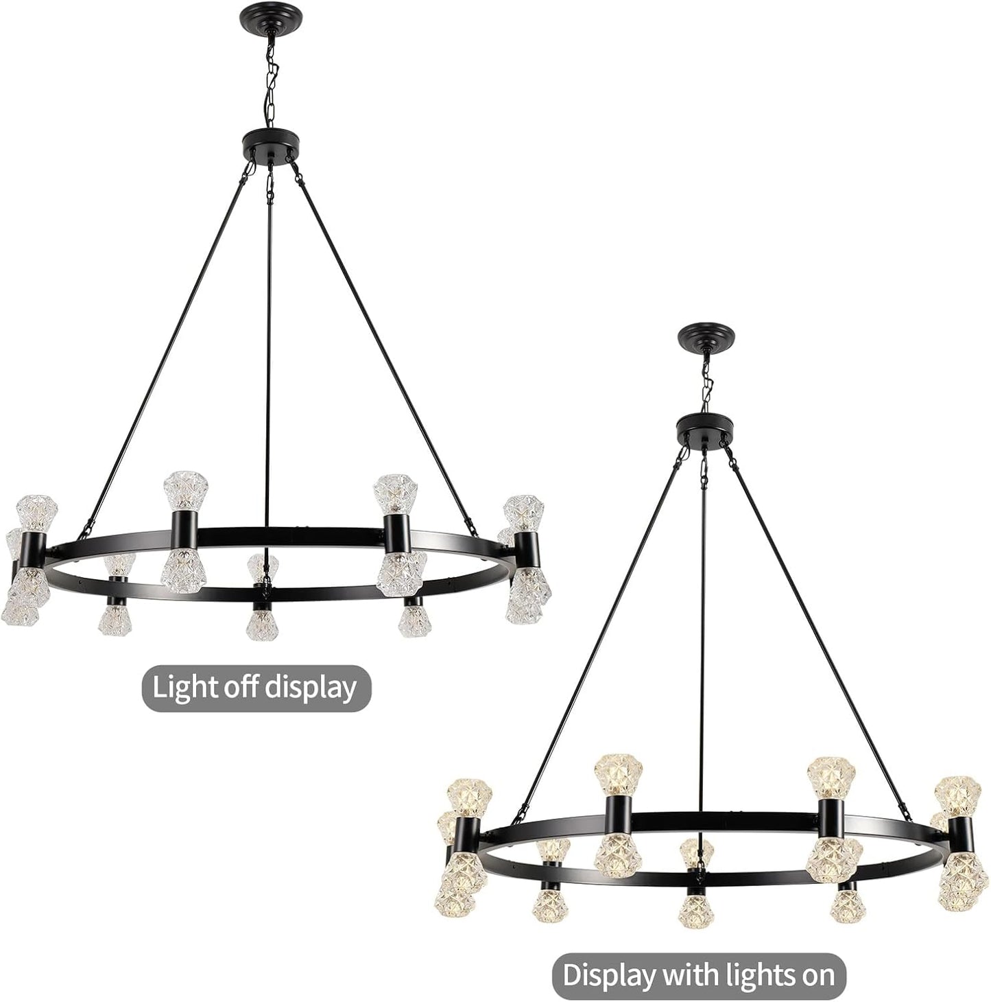 WOGON WEEL Wagon Wheel Chandelier LED 18-Light 39 Inch, Crystal G9 Light Black Modern Farmhouse Chandelier Extra Large for High Ceilings, Living Room