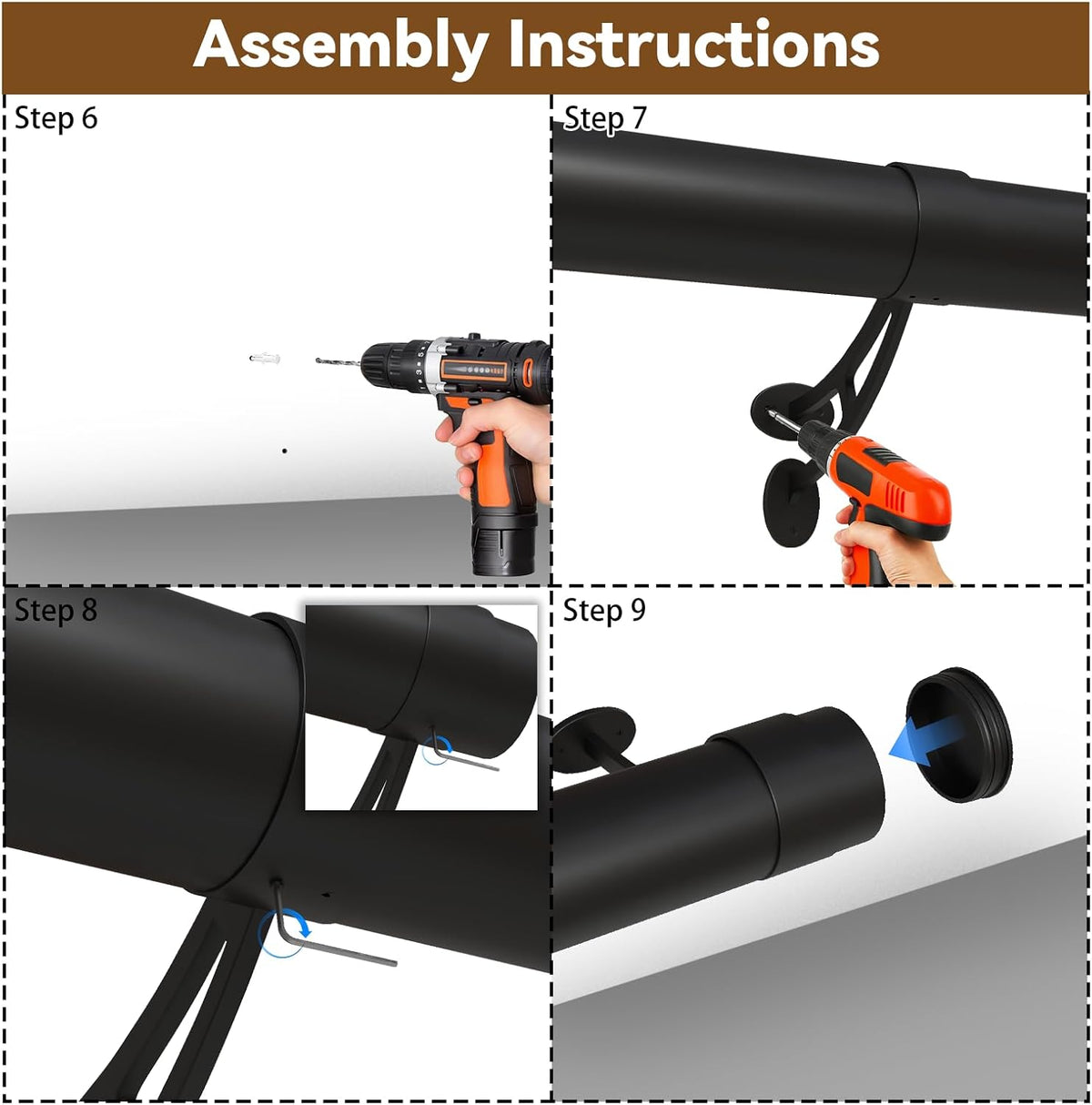 Bar Foot Rail Kit 4ft / 6ft / 8ft - Stainless Steel Complete Wall Mounted Bar Foot Rest - Matte Black Foot Rail System with Tubing, Wall Brackets, End Caps & Internal Connector