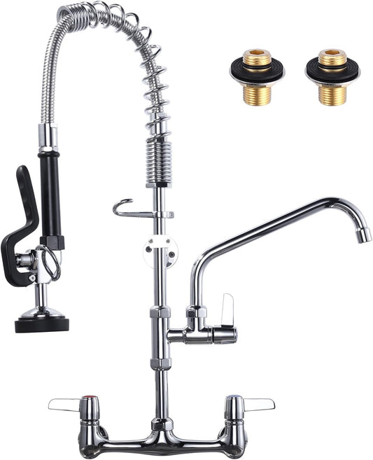 Commercial Kitchen Faucet Wall Mount with Pre-Rinse Sprayer - ARCORA Industrial Restaurant 25' Height 8'' Center Compartment Sink Faucet with 9.6'