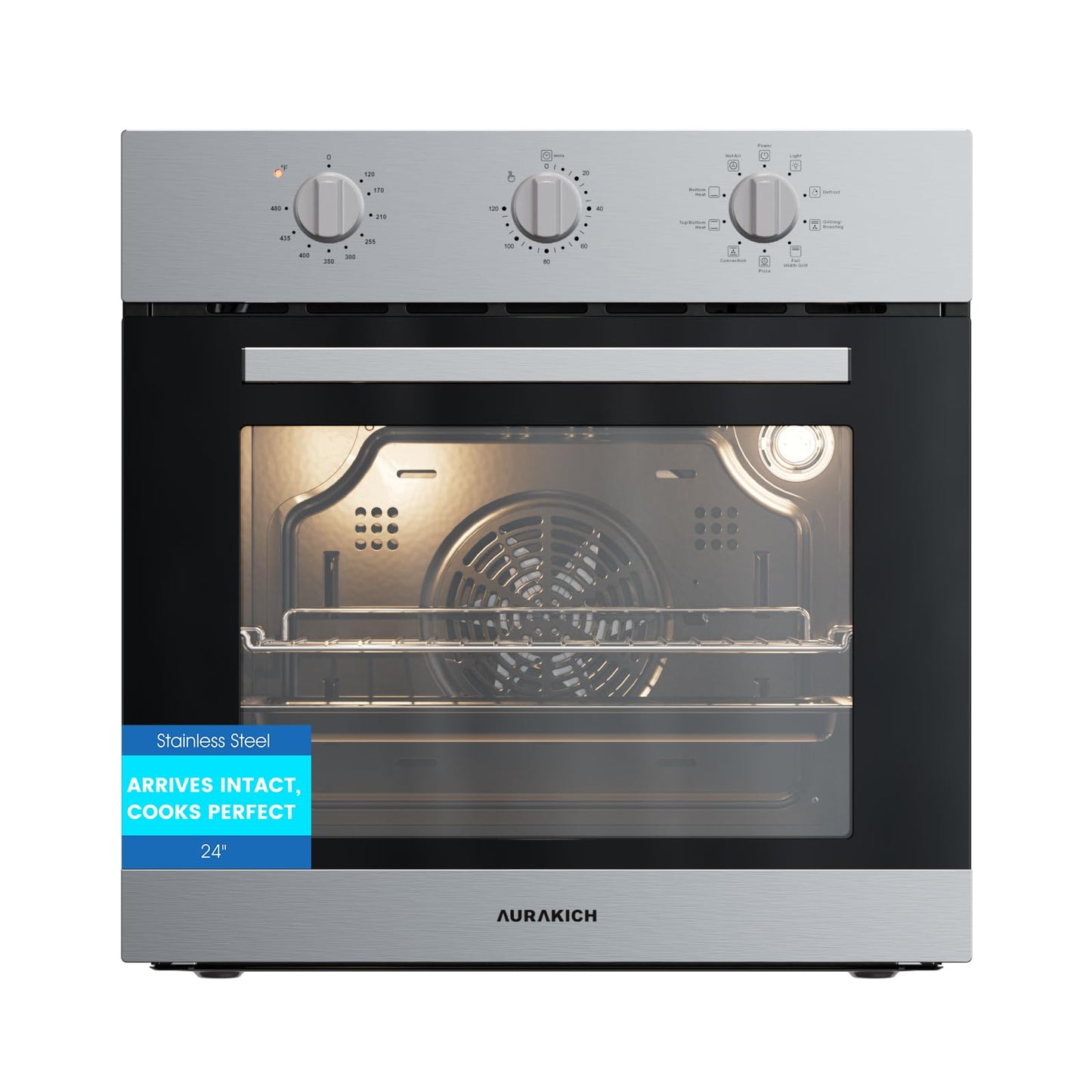 24 inch Built-in Electric Wall Oven, Stainless Steel | 2.5 Cu.ft Convection, 4D Hot Air & 9 Cooking Modes, 3 Knob Control, 3-Layer Tempered Glass Door, Secure Shipping Design