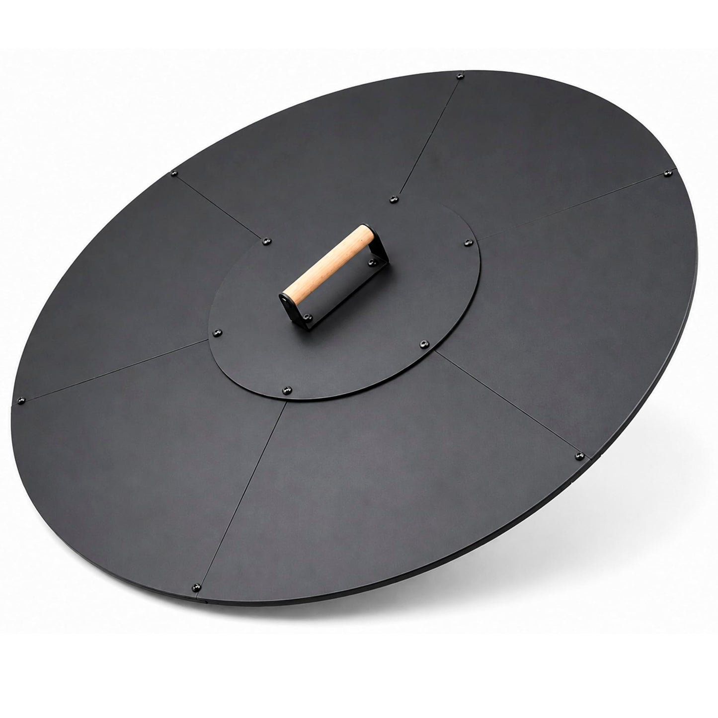 34 in Round Fire Pit Lid, 1.5 mm Steel Cover with Wooden Handle | Metal fire pit cover for outdoor patios and backyards, 34 in round lid with 1.5 mm steel construction and wooden handle
