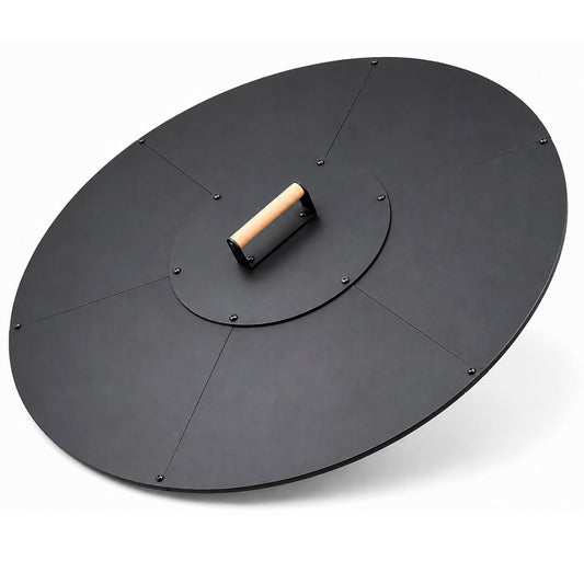 34 in Round Fire Pit Lid, 1.5 mm Steel Cover with Wooden Handle | Metal fire pit cover for outdoor patios and backyards, 34 in round lid with 1.5 mm steel construction and wooden handle