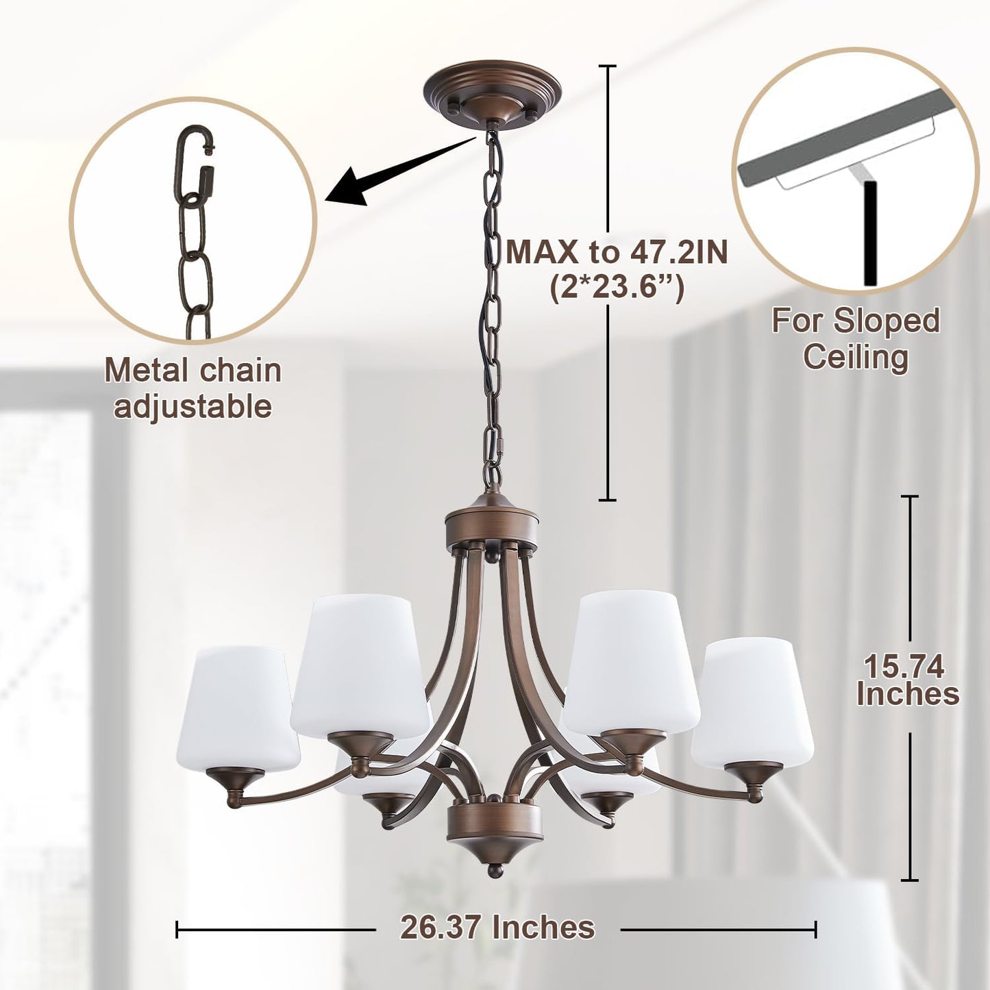 6-Light Farmhouse Chandelier Oil Rubbed Bronze Pendant Light Fixture with Frosted Glass, Rustic Ceiling Lighting Modern Hanging Lamp for Dining Room