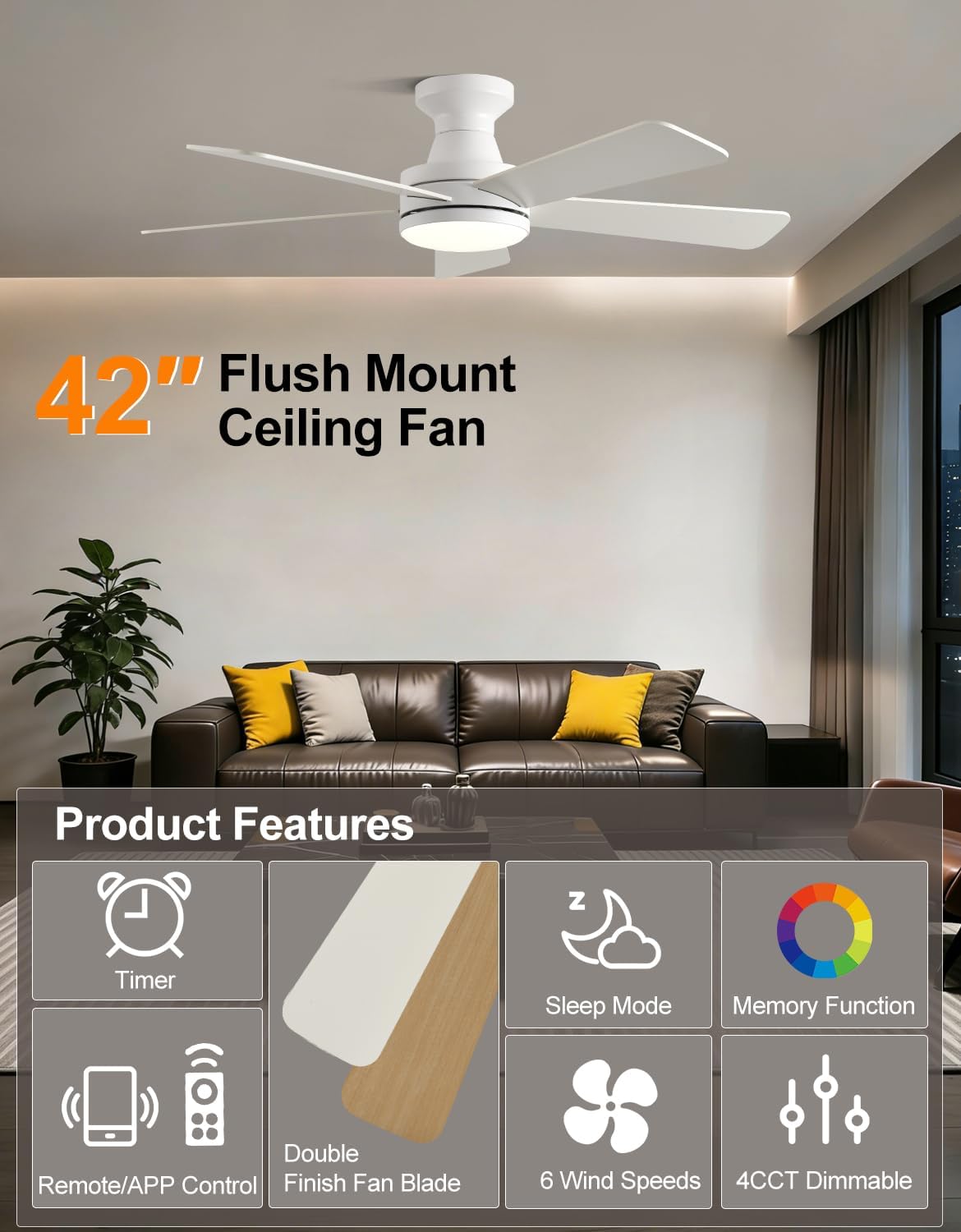 42" RGB Ceiling Fan with Light, App & Remote Controlled Flush Mount Ceiling Fan, Music Sync Lighting, 6-Speed Quiet Reversible DC Motor, 4CCT Dimmable for Bedroom Living Room, White White RGB APP