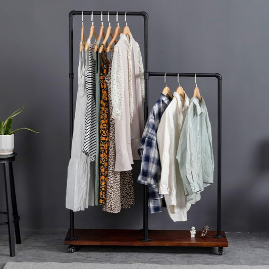 Industrial Pipe Clothing Rack on Wheels, Rolling Garment Rack with Solid Wood Panel Shelves, Heavy Duty Clothes Hanging Rack, Clothes Display Rack