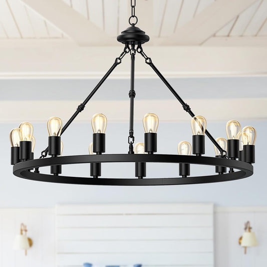 LaraLov 32&#39;&#39; Wagon Wheel Chandelier 15-Light, Farmhouse Light Fixture Black Metal Round Industrial Pendant Light for Living Dining Room,