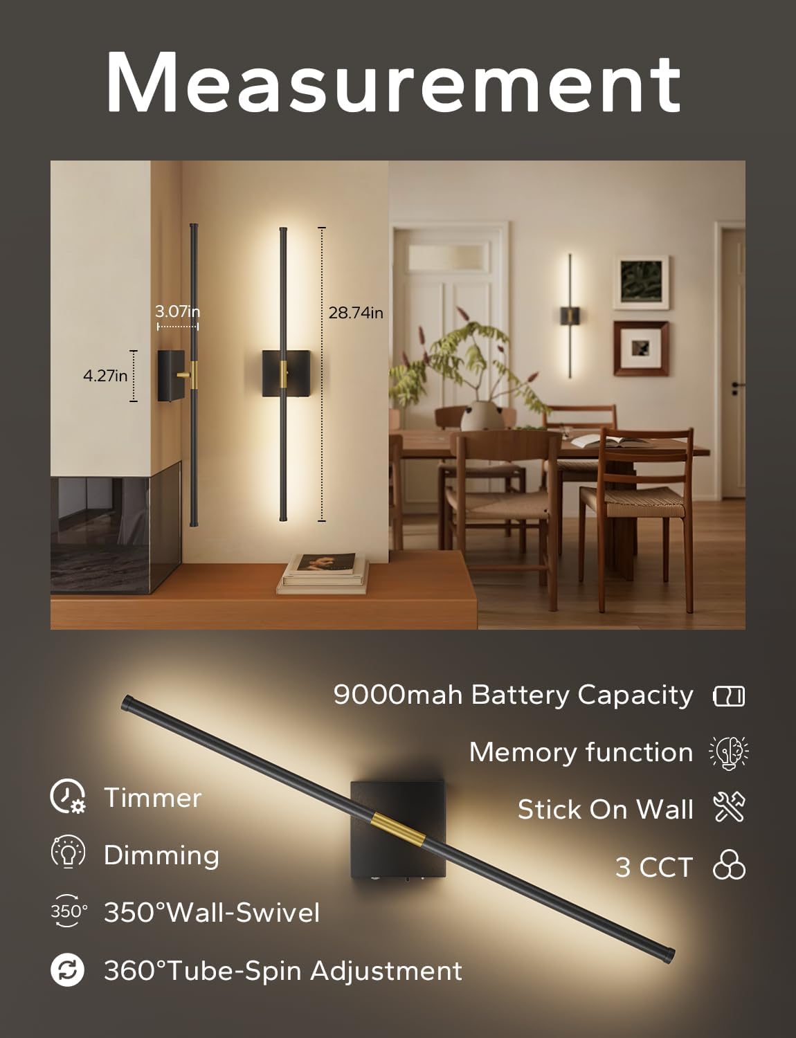KARTOOSH 9000mAh Battery Operated Wall Sconces Set of 2, Black Gold | 28.7in Peel and Stick Sconces, Wireless, 3 CCT, Dimmable Wall Lights with Remote for Bedroom Living Room Hallway Black and Gold 28.7 inch