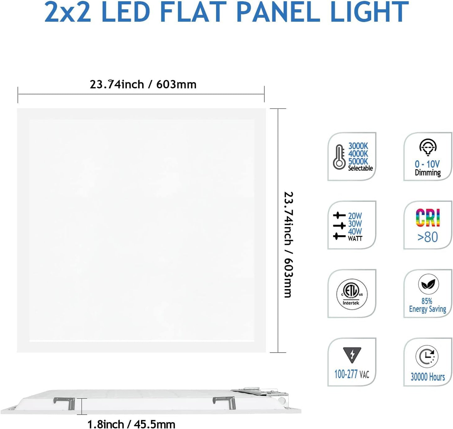 2x2 LED Flat Panel Light, Drop Ceiling Light 3000K 4000K 5000K 3 Color Temperature Selectable & 0-10V Dimmable, 20W/30W/40W Options, 100-277Vac, ETL,