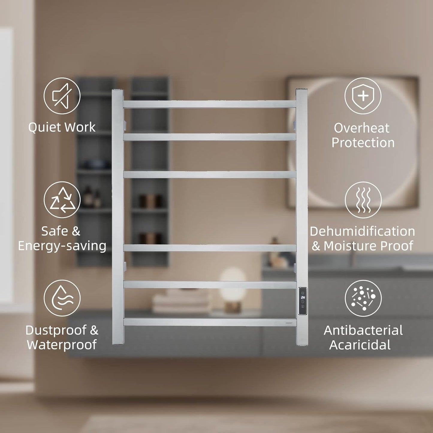 Electric Towel Warmer - Wall Mounted Bathroom Heated Towel Rack, Plug-in Design & Brushed Stainless Steel Finish (Square Brushed with Timer ETW13CS, 6 Bar) Brushed With Timer 6 Bar