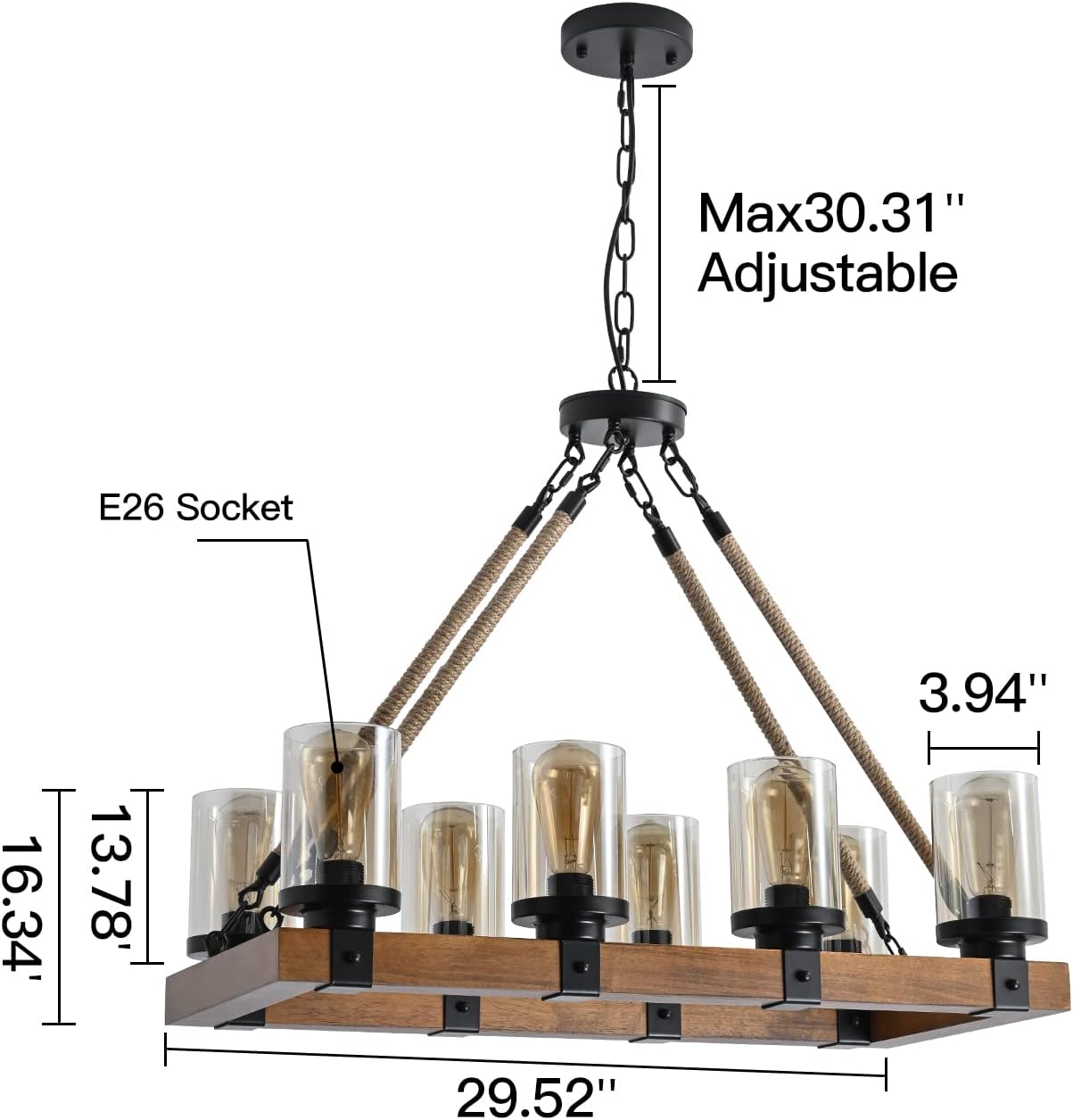 8-Light Farmhouse Chandelier Kitchen Island Light Fixture, Wood Chandeliers, Candle Pendant Light, Glass Lodge and Tavern Pendant Lighting 480W Max