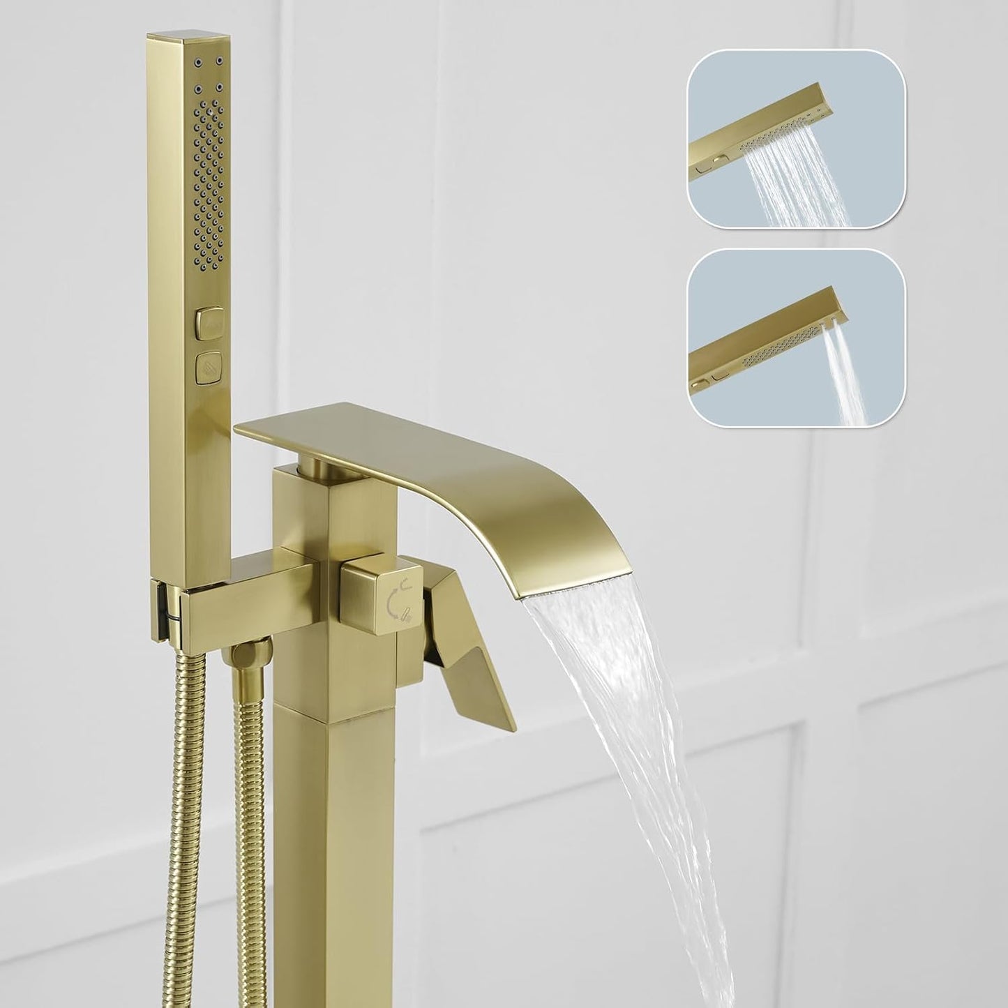 BESy Freestanding Tub Faucet Brushed Gold Floor Mounted Tub Filler Faucet Brass Bathroom Tub Faucets with 2 Function Hand Shower