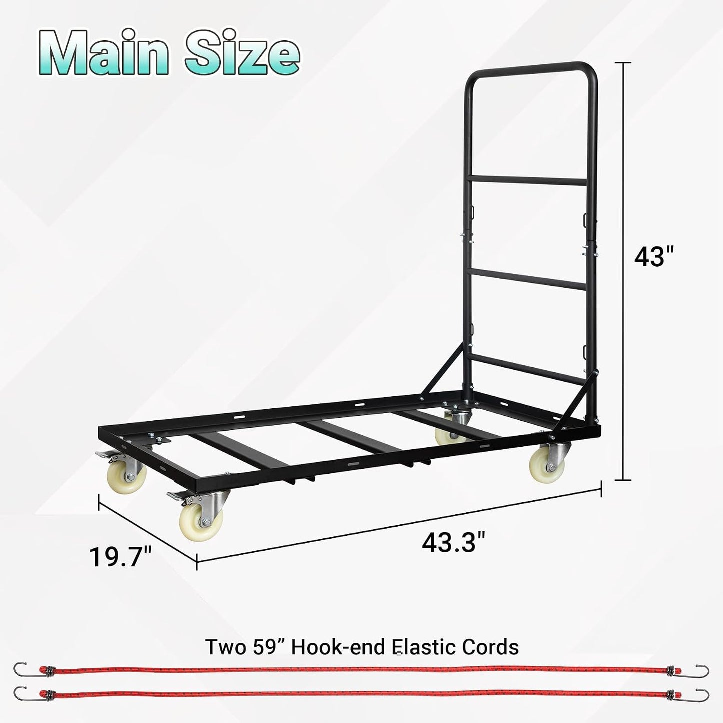 350 LBS Folding Chair Rack Cart with 4" PU Swivel Wheels | Heavy Duty Chair Storage Rack, 2PCS 59" Elastic Cords, Powder Coated Chair Cart for 25 Folding Chairs, 43.3"L x 19.7"W x 43"H