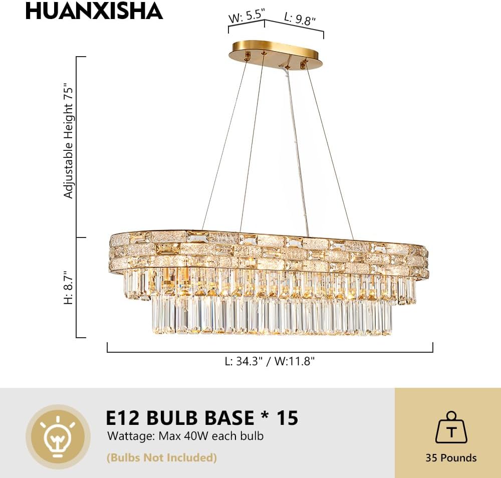 HUANXISHA Gold Oval 12-Light Modern Crystal Chandelier for Dining Room Kitchen Island Bar, L34.3 Inch