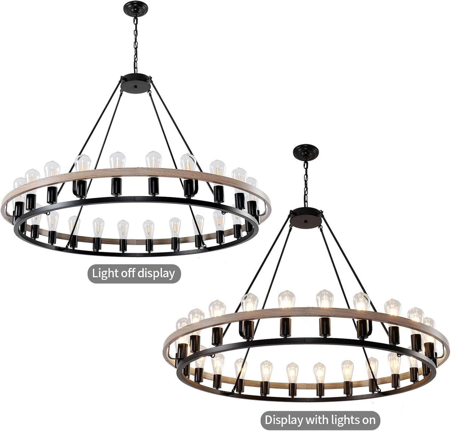 Wagon Wheel Chandelier 48-Inch 24-Light, Oak Wood and Black Finish Round Rustic Farmhouse Chandelier Extra Large for High Ceilings, Living Room Foyer