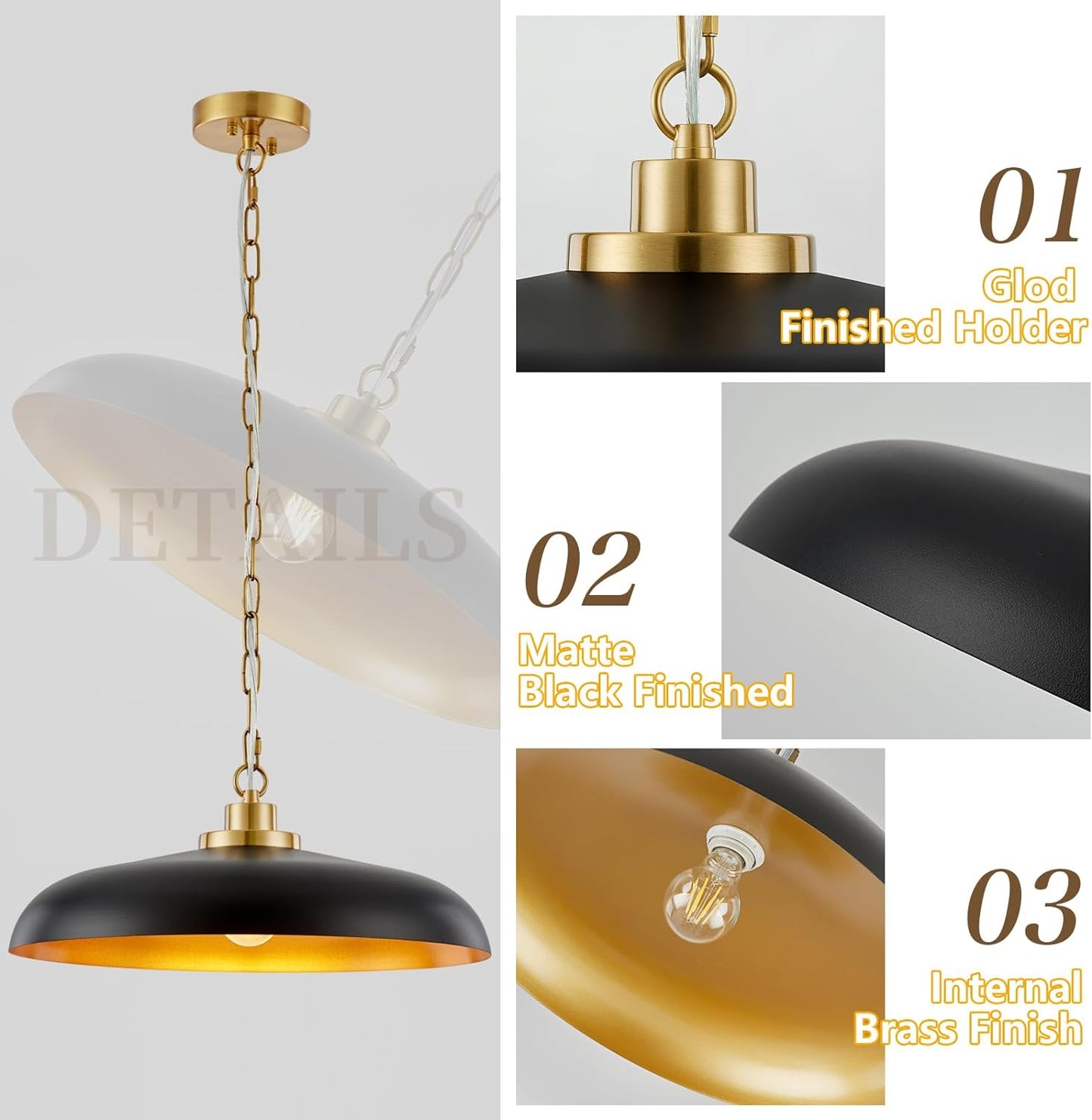 NZZDYI Large Black and Gold Pendant Lighting 18.1inch Farmhouse Pendant Light Fixtures for Kitchen Industrial Modern Pendant Lights Dining Room