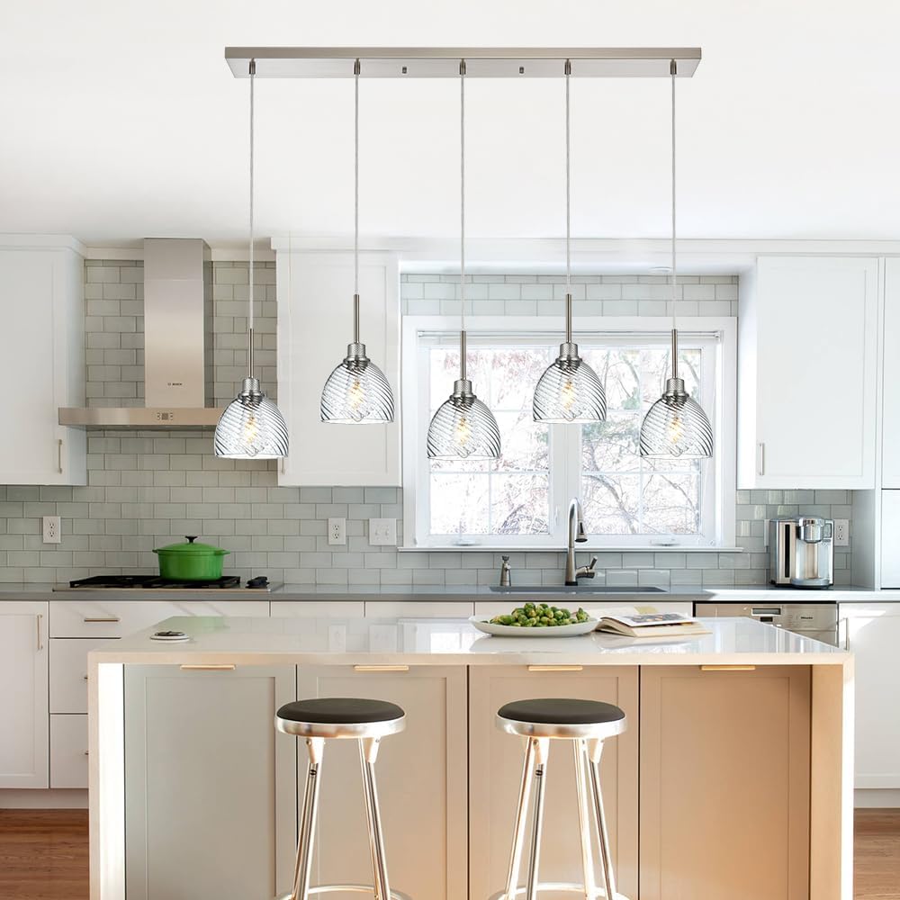 TODOLUZ 5-Lights Pendant Light Fixtures in Brushed Nickel, Modern Linear Chandelier with Clear Striped Glass Shades, Kitchen Island Lighting for