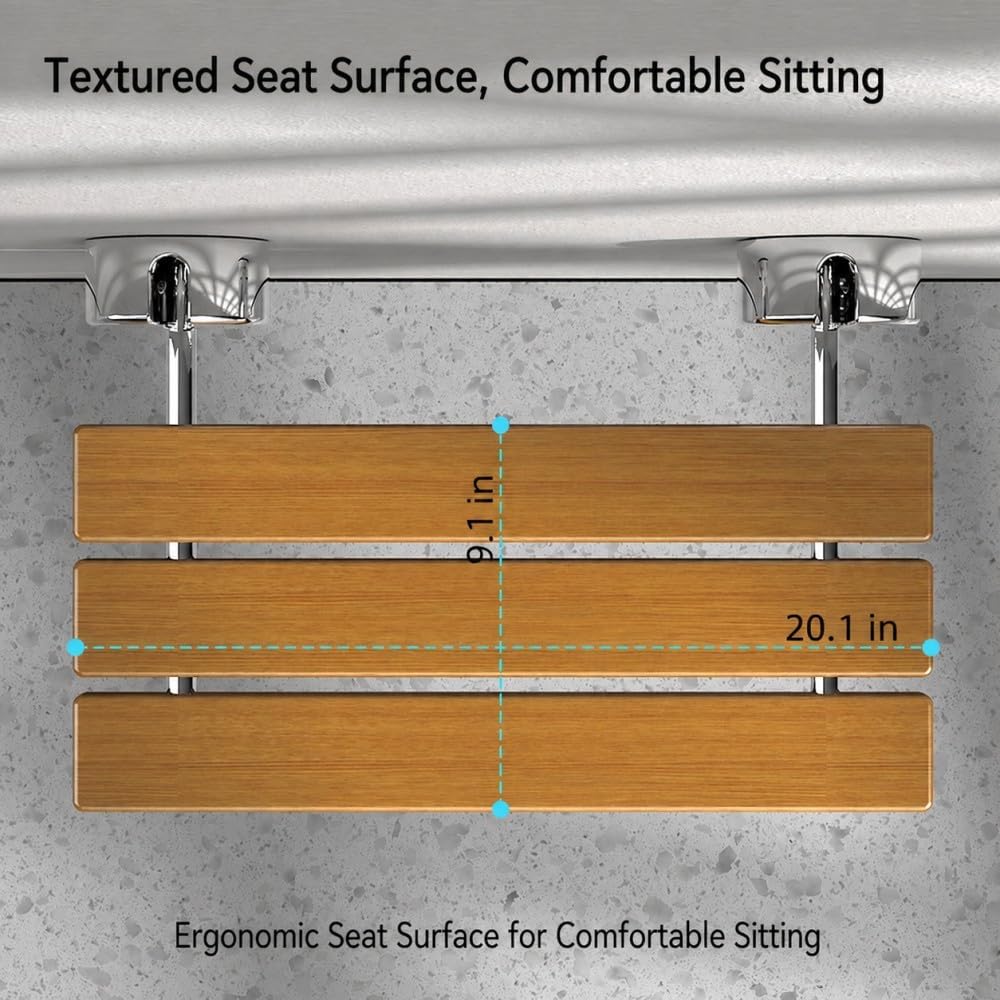 Wall Mount Folding Shower Seat, Teak Wood, 400lb Capacity, Stainless Steel