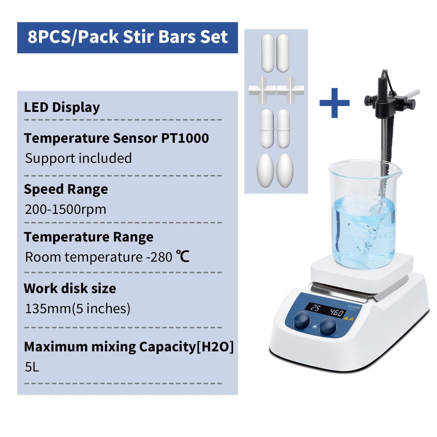 ONiLAB 280 5-inch LED Digital Square Hotplate Magnetic Stirrer with Ceramic Coated Stainless Steel Work Plate, 200-1500rpm,110V,Temp Probe Sensor