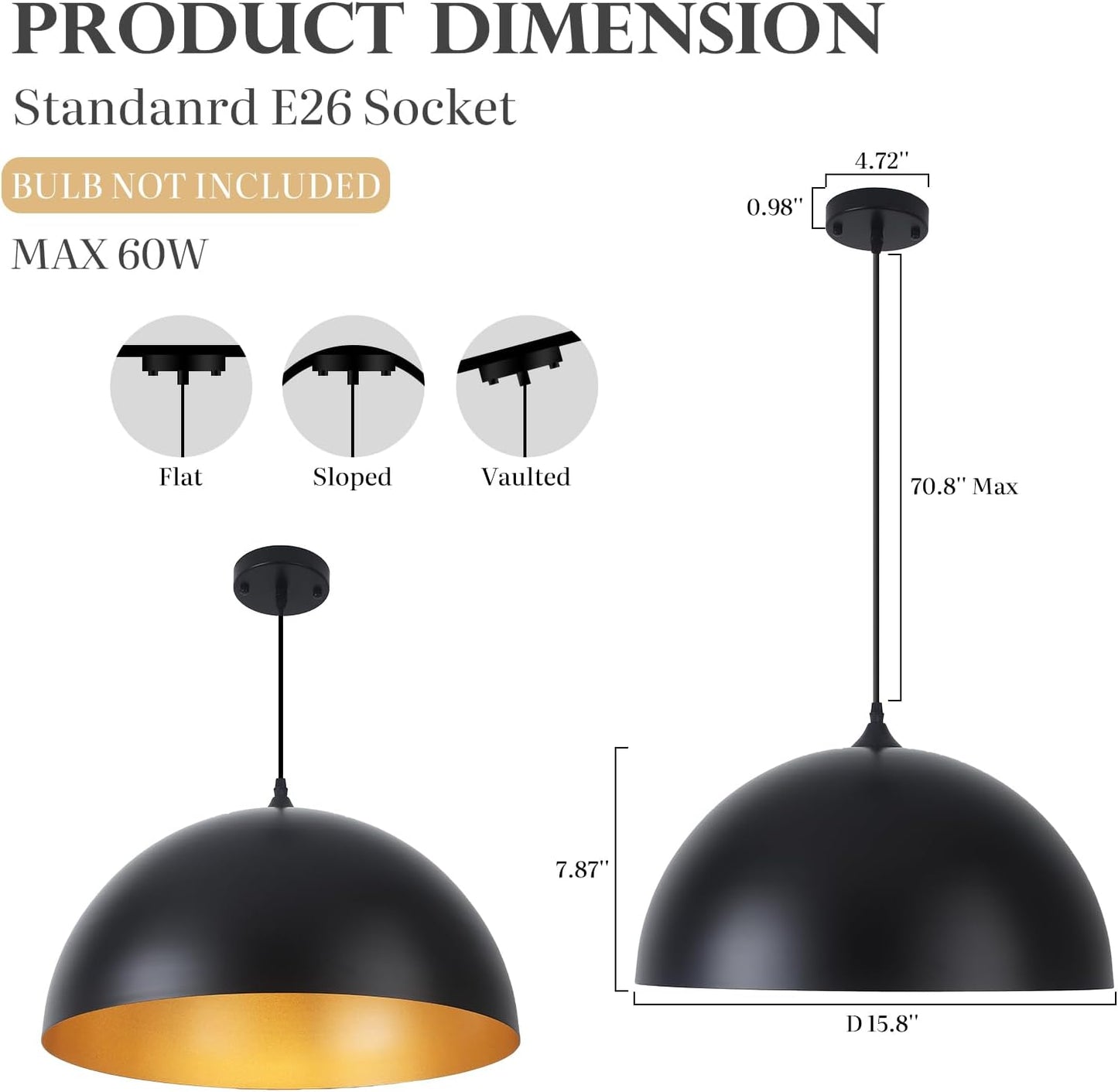 Black Pendant Lights for Kitchen Island, 15.7 Inch Black and Gold Dome Pendant Light